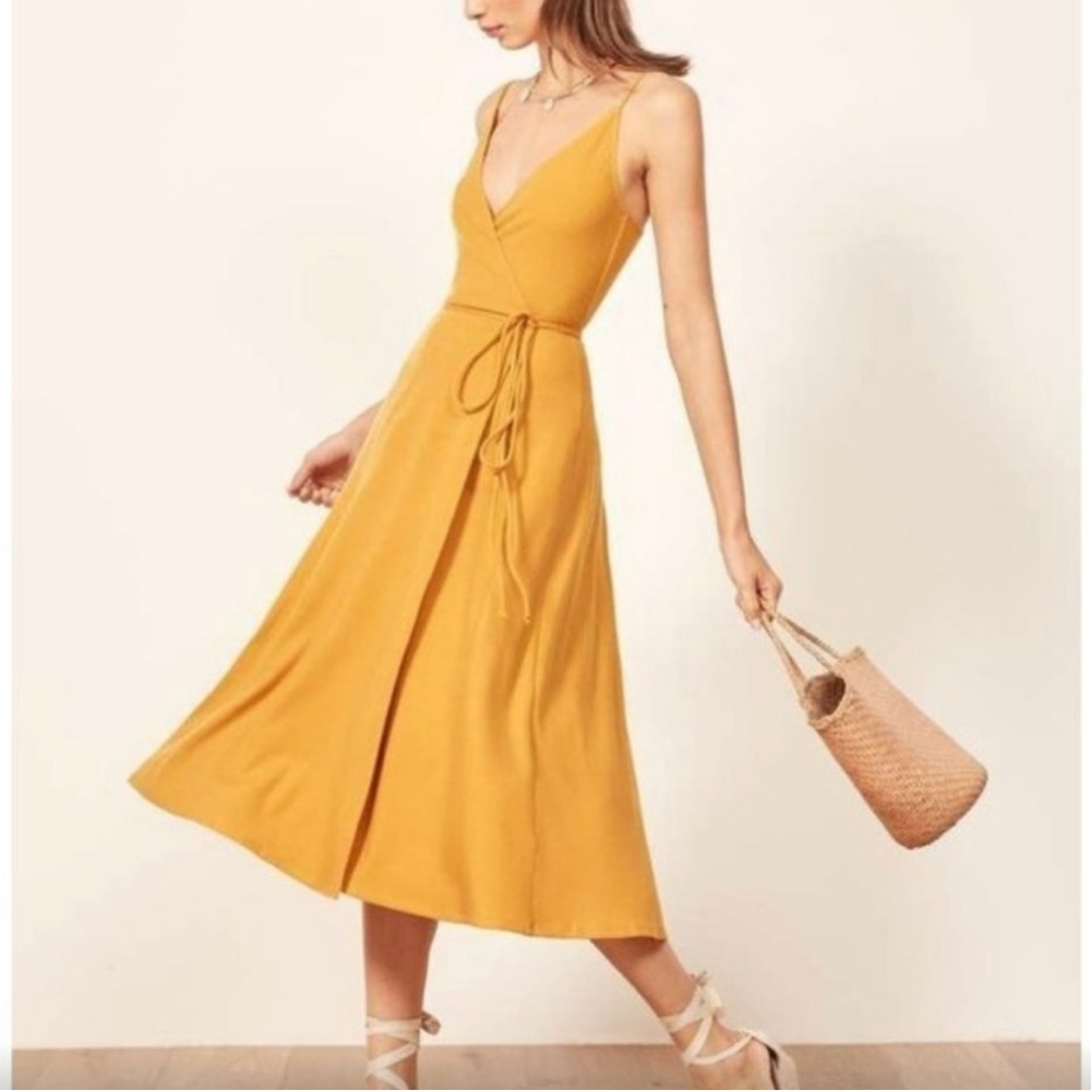Reformation Mustard Yellow Midi Wrap Dress